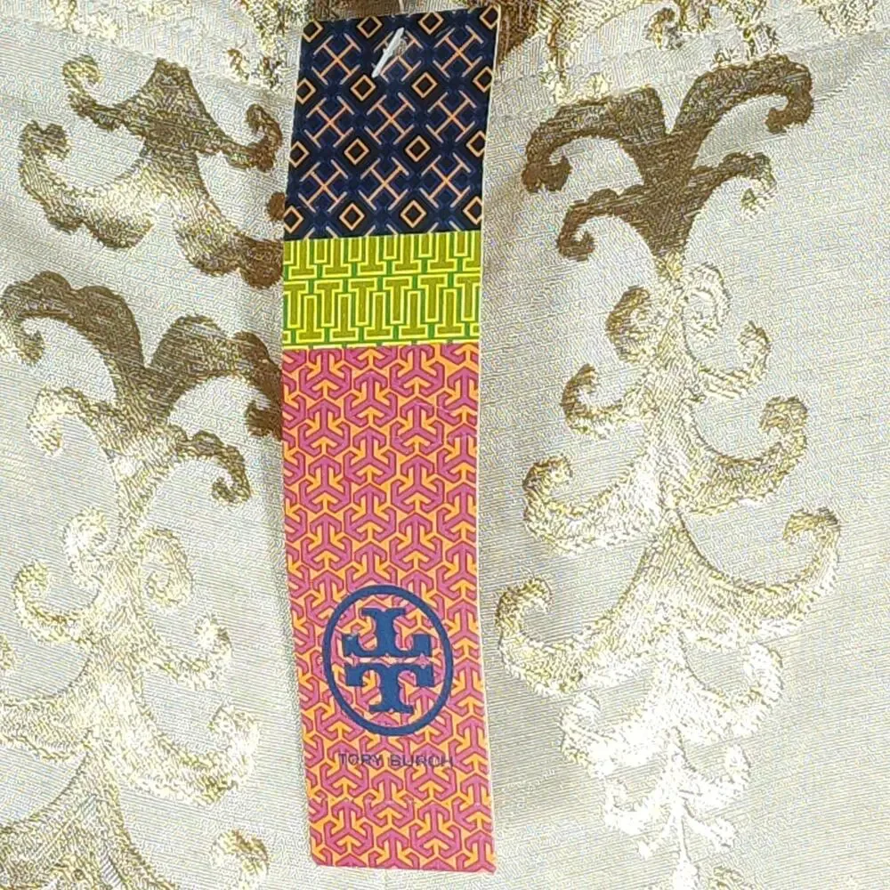 Tory Burch Women's Sz8 Gold and Cream Linen Blend Filigree Print Ankle Pants NWT